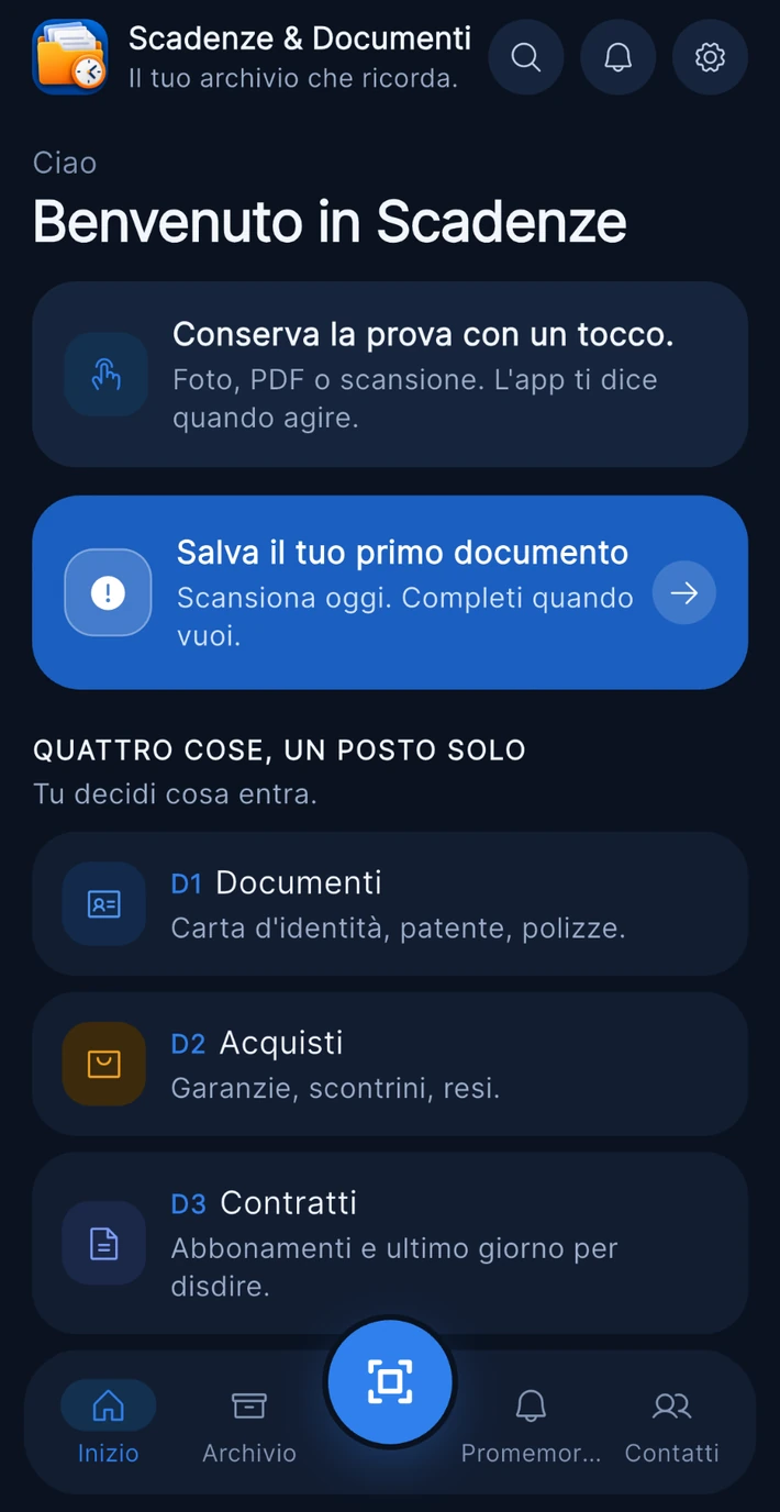 Schermata reale dell’app: creazione del primo documento e accesso alle categorie, nella nuova interfaccia blu