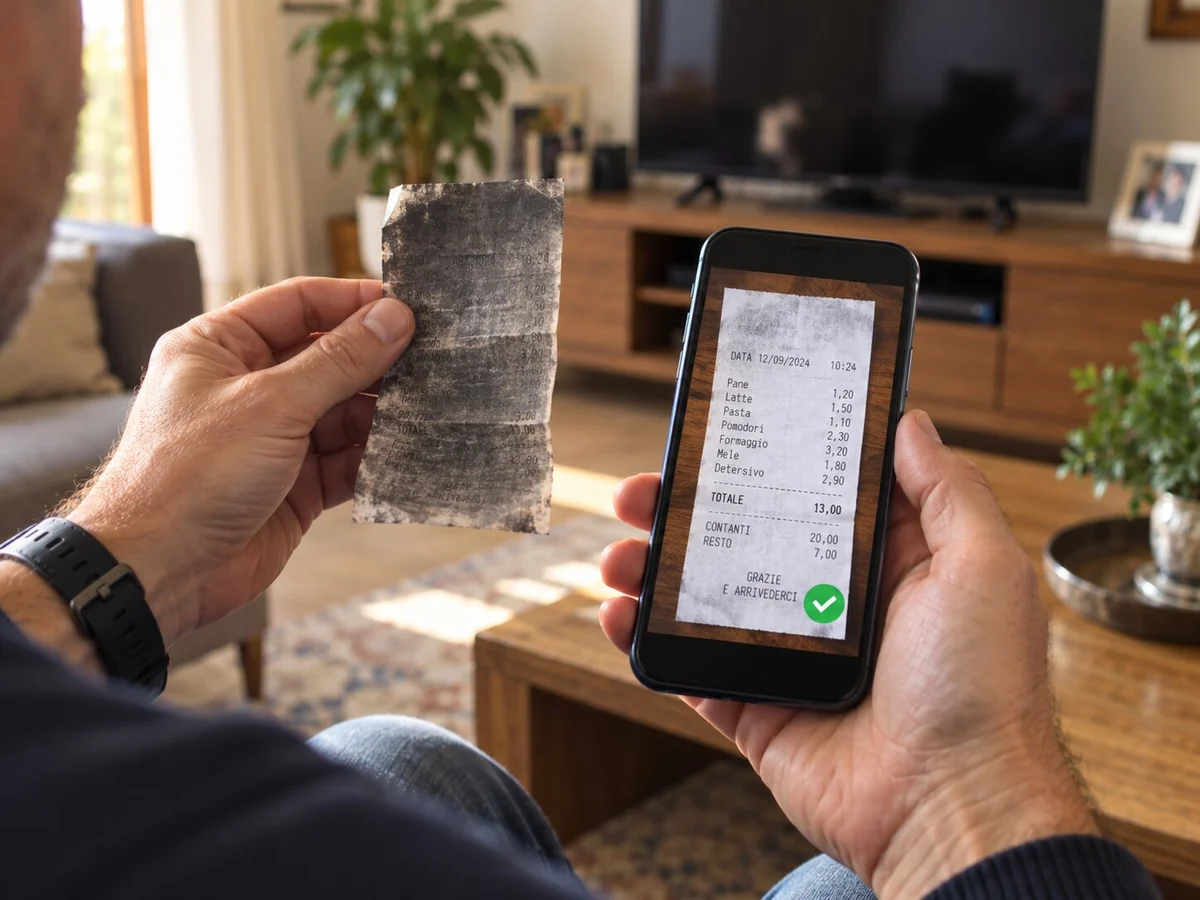 Persona che confronta uno scontrino deteriorato con una copia sul telefono