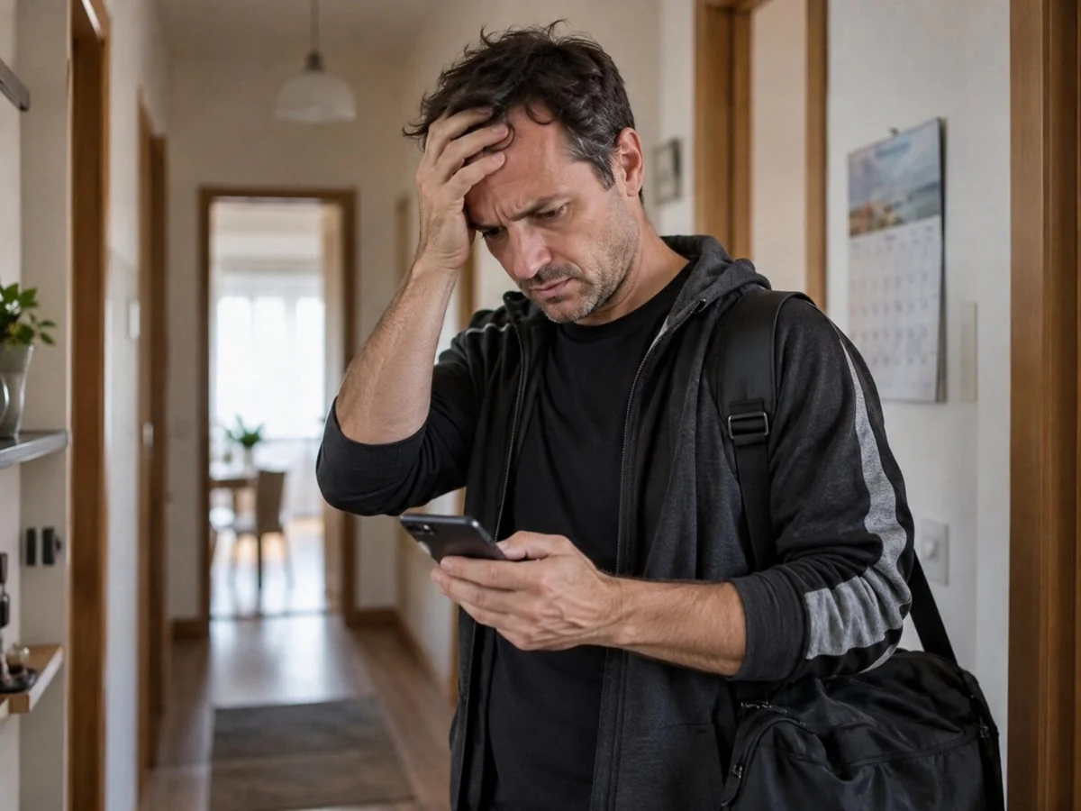 Uomo con una borsa da palestra che controlla il telefono