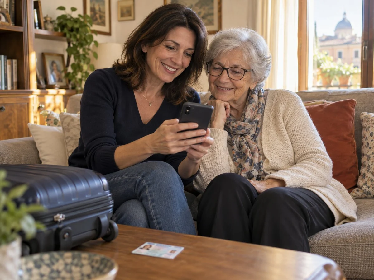 Due donne di generazioni diverse consultano insieme uno smartphone, con una valigia vicino